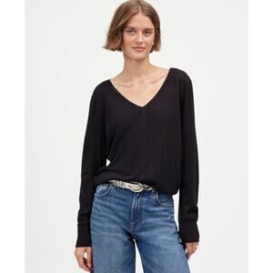 Madewell Merino Wool-Silk Blend V-Neck Sweater WMNS S Black Relaxed Fit Pullover